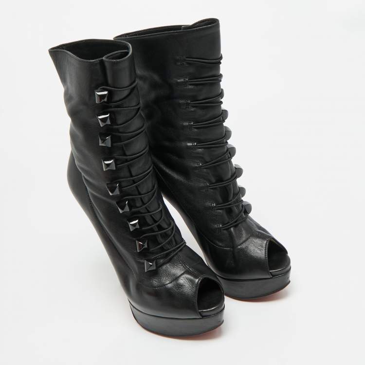 Pre Owned Christian Louboutin Alta Bouton Size 37.5 Black Leather Ankle Length Boots