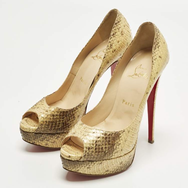 Pre Owned Christian Louboutin Lady Peep Size 37.5 Two Tone Python Leather Platform Pumps