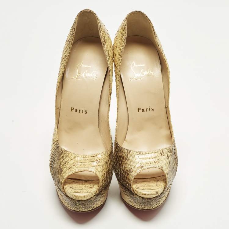 Pre Owned Christian Louboutin Lady Peep Size 37.5 Two Tone Python Leather Platform Pumps