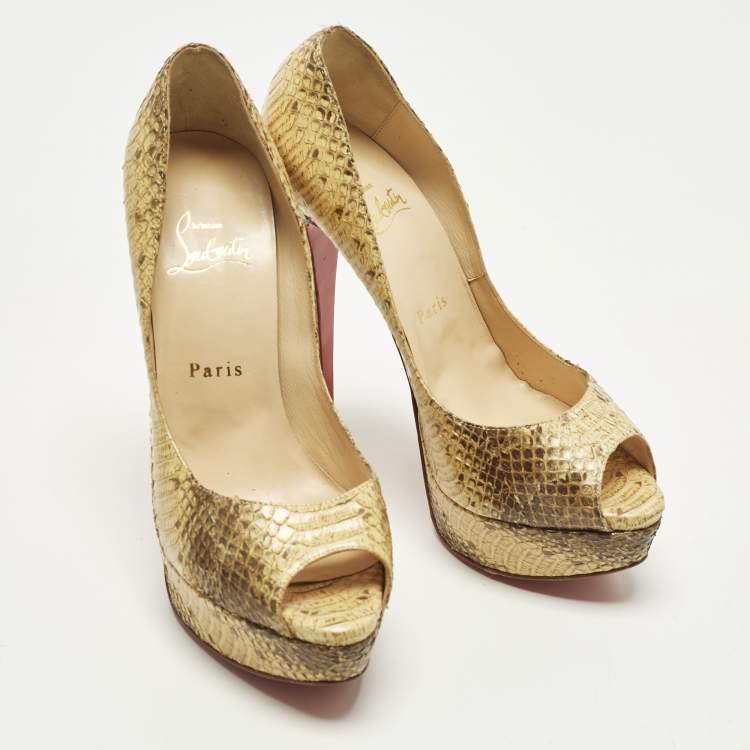 Pre Owned Christian Louboutin Lady Peep Size 37.5 Two Tone Python Leather Platform Pumps