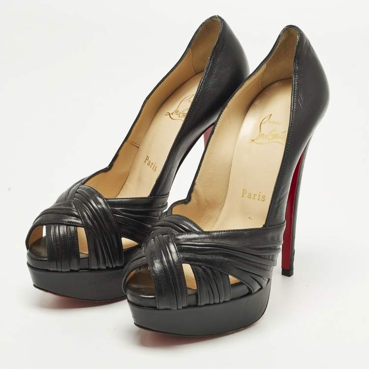 Pre Owned Christian Louboutin Aborina Size 37 Black Leather Platform Peep Toe Pumps
