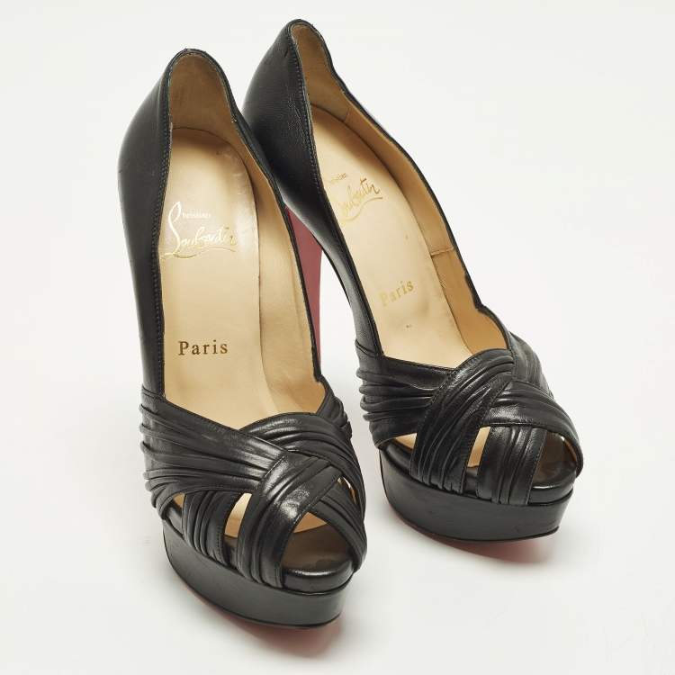 Pre Owned Christian Louboutin Aborina Size 37 Black Leather Platform Peep Toe Pumps