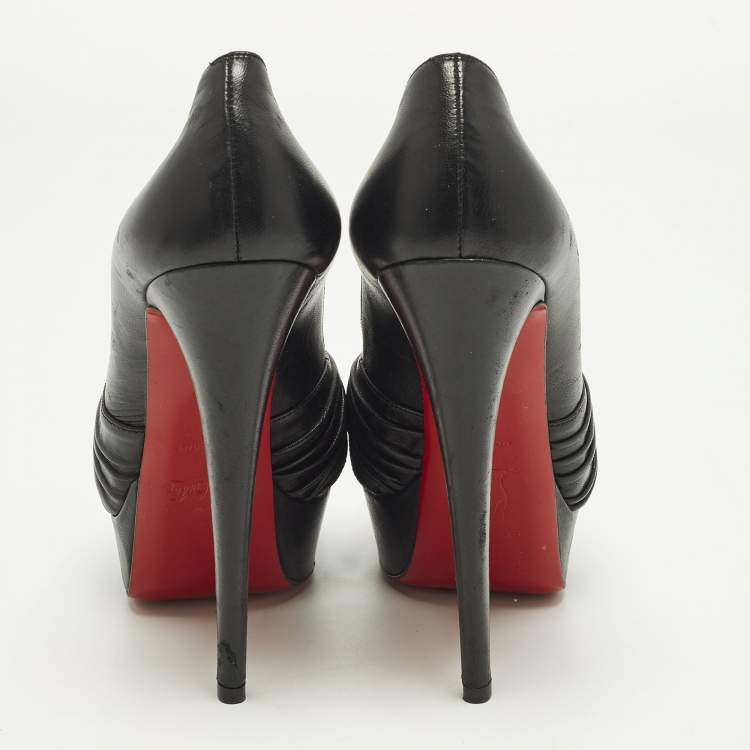 Pre Owned Christian Louboutin Aborina Size 37 Black Leather Platform Peep Toe Pumps