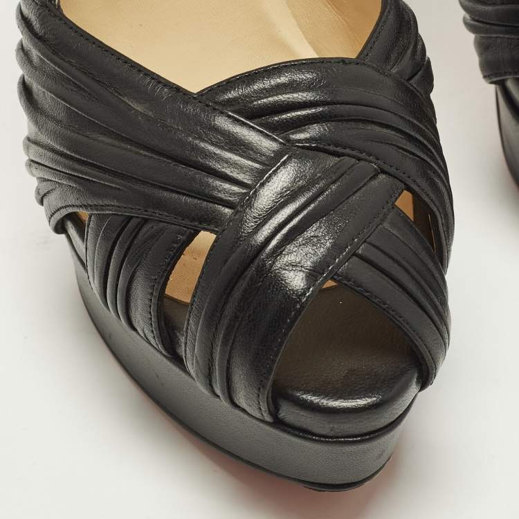 Pre Owned Christian Louboutin Aborina Size 37 Black Leather Platform Peep Toe Pumps
