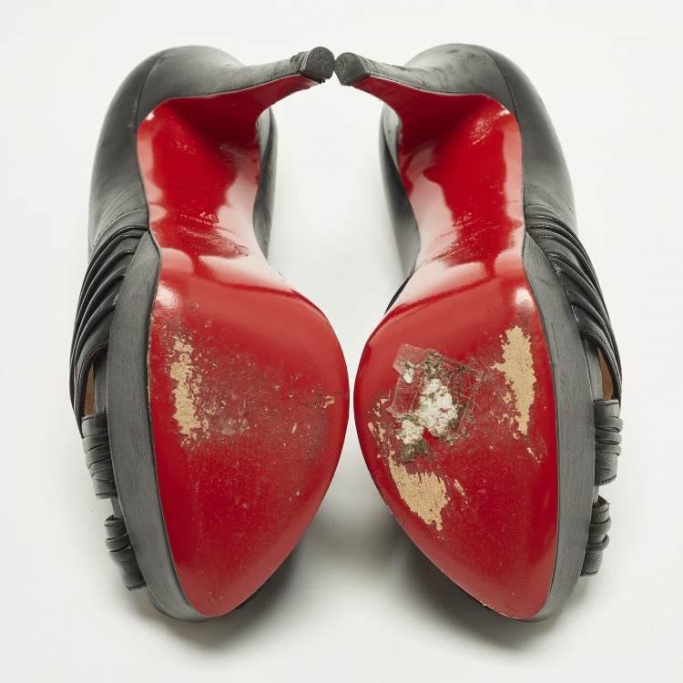 Pre Owned Christian Louboutin Aborina Size 37 Black Leather Platform Peep Toe Pumps