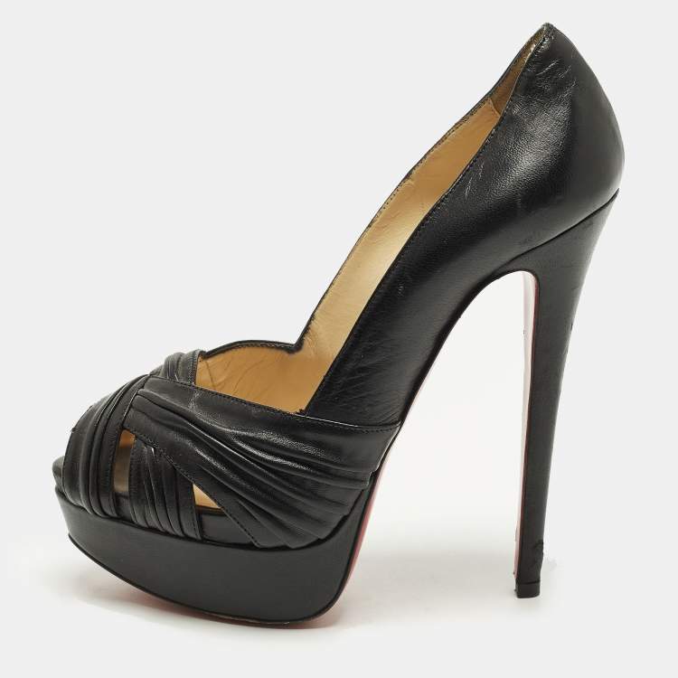 Pre Owned Christian Louboutin Aborina Size 37 Black Leather Platform Peep Toe Pumps