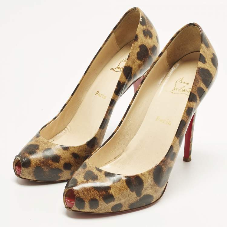 Pre Owned Christian Louboutin Ron Ron Size 39.5 Brown/Beige Leopard Print Leather Platform Pumps