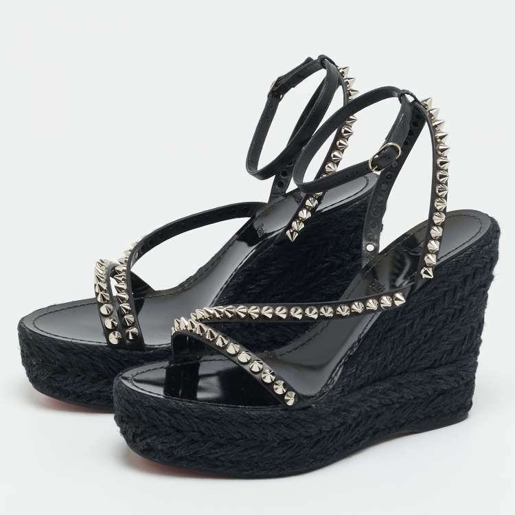 Pre Owned Christian Louboutin Mafaldina Size 39 Black Leather Spike Espadrille Wedge Sandals
