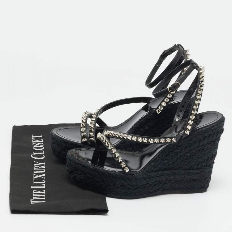 Pre Owned Christian Louboutin Mafaldina Size 39 Black Leather Spike Espadrille Wedge Sandals