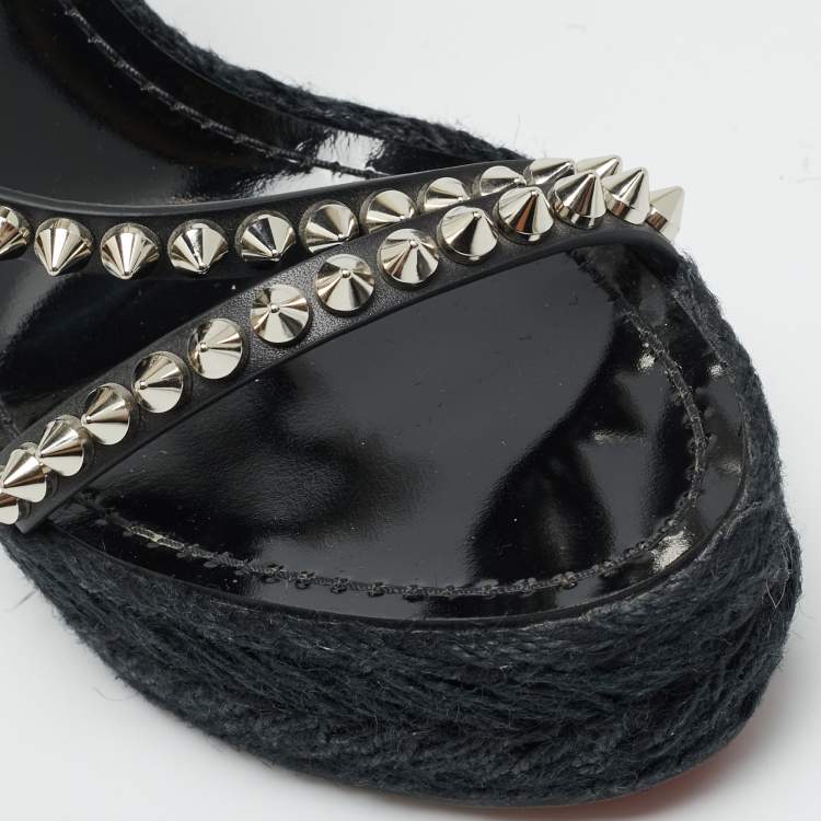 Pre Owned Christian Louboutin Mafaldina Size 39 Black Leather Spike Espadrille Wedge Sandals