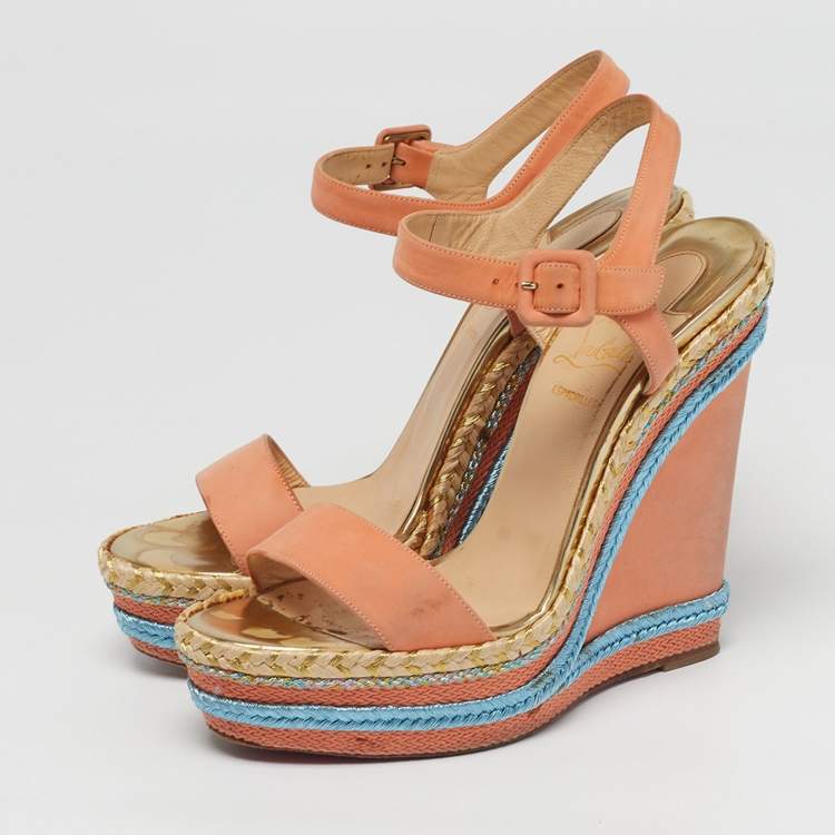 Pre Owned Christian Louboutin Pyraclou Size 39 Pink Nubuck Leather Wedge Sandals