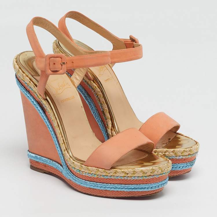 Pre Owned Christian Louboutin Pyraclou Size 39 Pink Nubuck Leather Wedge Sandals