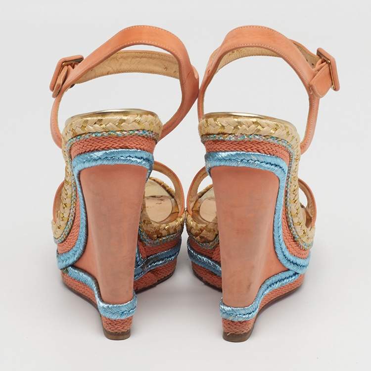 Pre Owned Christian Louboutin Pyraclou Size 39 Pink Nubuck Leather Wedge Sandals