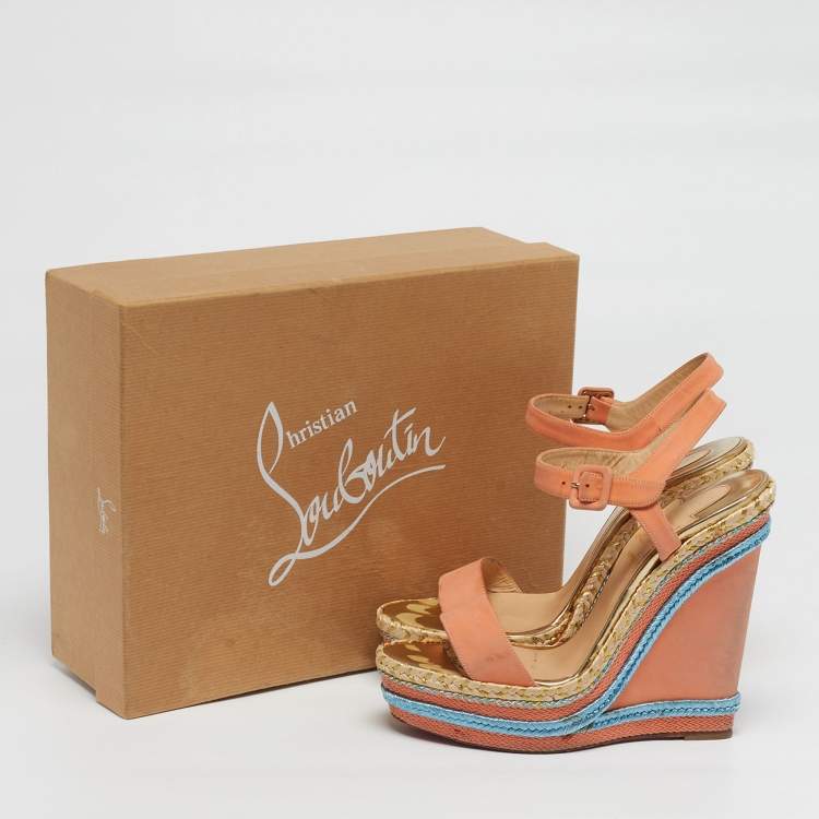 Pre Owned Christian Louboutin Pyraclou Size 39 Pink Nubuck Leather Wedge Sandals