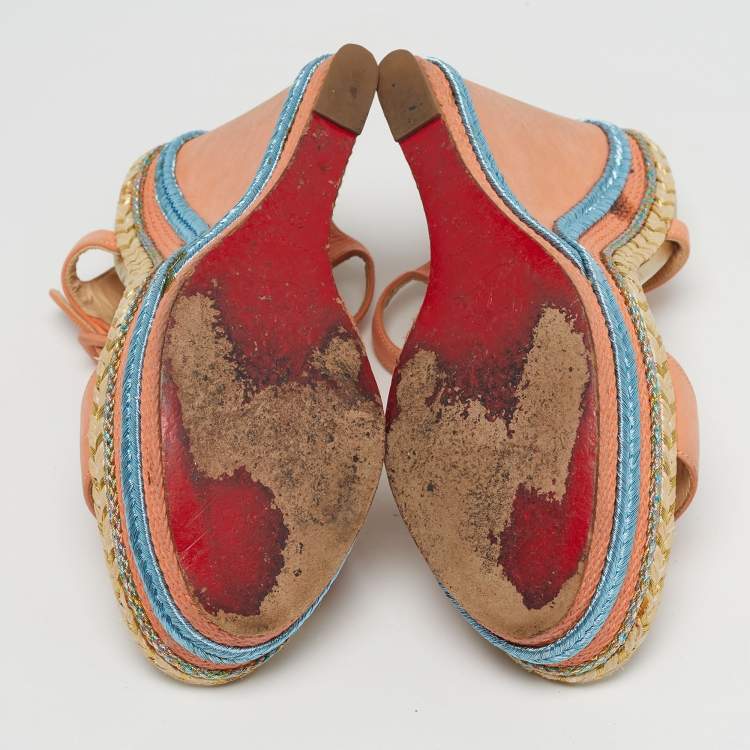 Pre Owned Christian Louboutin Pyraclou Size 39 Pink Nubuck Leather Wedge Sandals