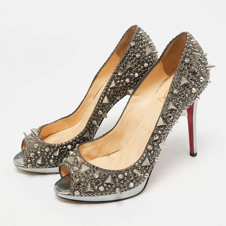 Pre Owned Christian Louboutin Size 38.5 Silver Glitter Peep Toe Pumps