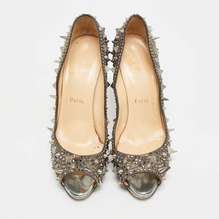 Pre Owned Christian Louboutin Size 38.5 Silver Glitter Peep Toe Pumps