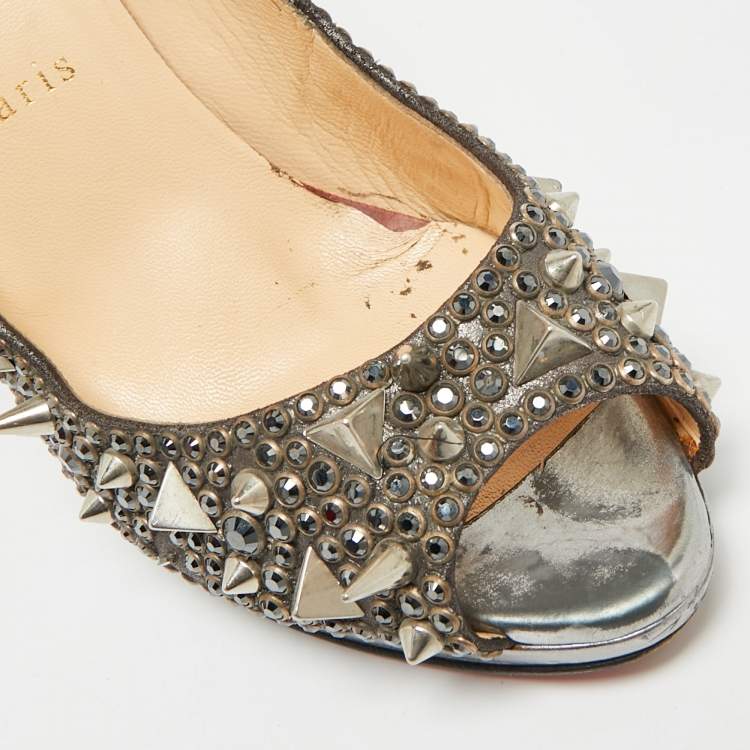 Pre Owned Christian Louboutin Size 38.5 Silver Glitter Peep Toe Pumps