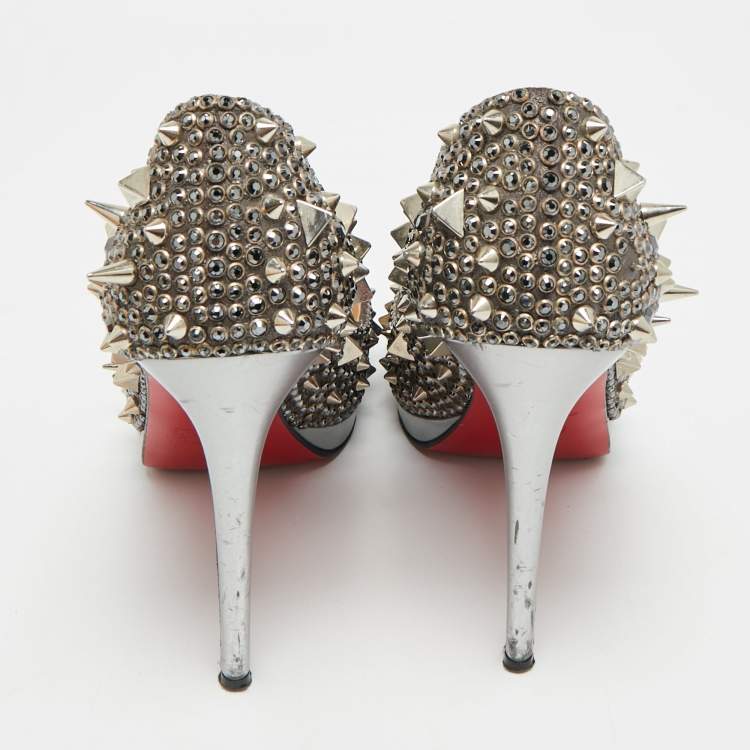 Pre Owned Christian Louboutin Size 38.5 Silver Glitter Peep Toe Pumps