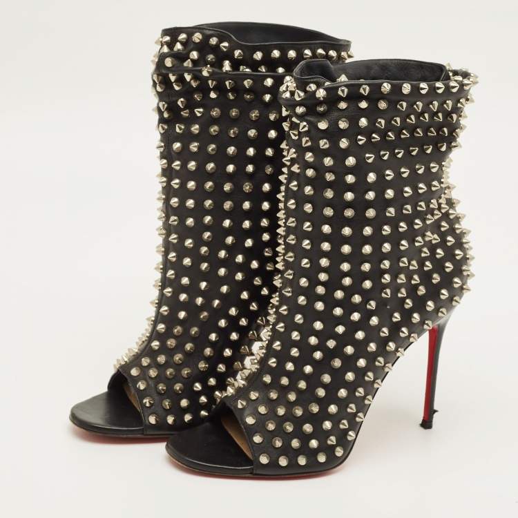 Pre Owned Christian Louboutin Guerilla Size 38 Black Leather Spike Open Toe Slouchy Ankle Length Boots