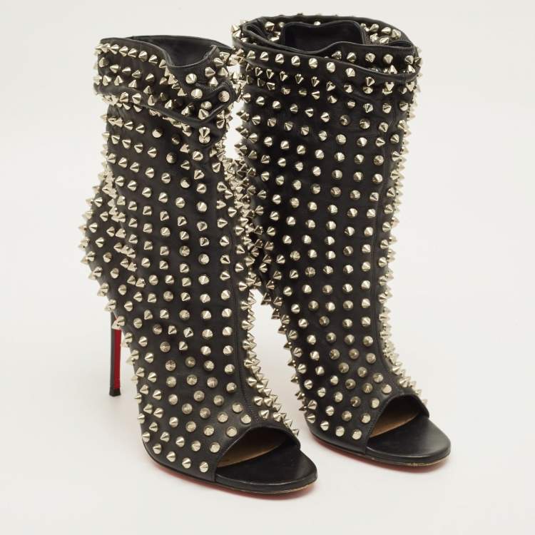 Pre Owned Christian Louboutin Guerilla Size 38 Black Leather Spike Open Toe Slouchy Ankle Length Boots