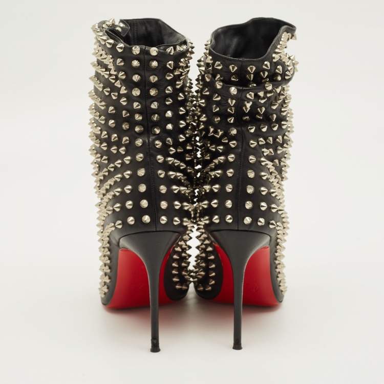 Pre Owned Christian Louboutin Guerilla Size 38 Black Leather Spike Open Toe Slouchy Ankle Length Boots