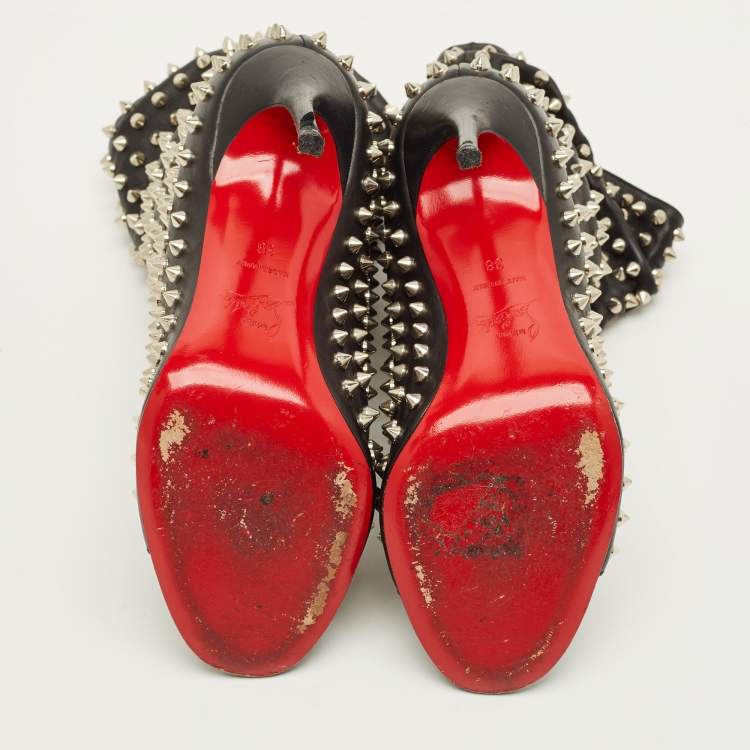 Pre Owned Christian Louboutin Guerilla Size 38 Black Leather Spike Open Toe Slouchy Ankle Length Boots