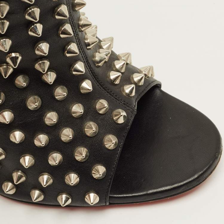 Pre Owned Christian Louboutin Guerilla Size 38 Black Leather Spike Open Toe Slouchy Ankle Length Boots
