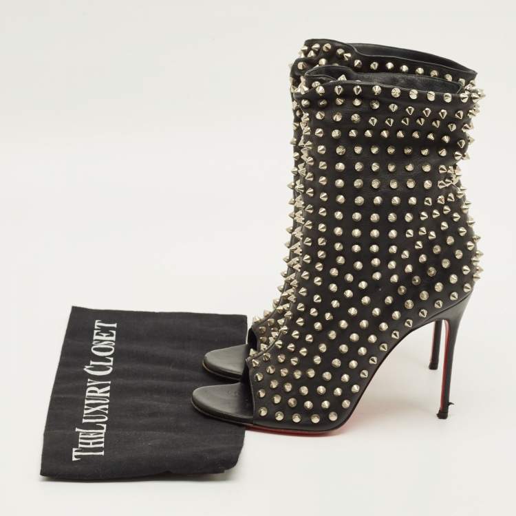 Pre Owned Christian Louboutin Guerilla Size 38 Black Leather Spike Open Toe Slouchy Ankle Length Boots