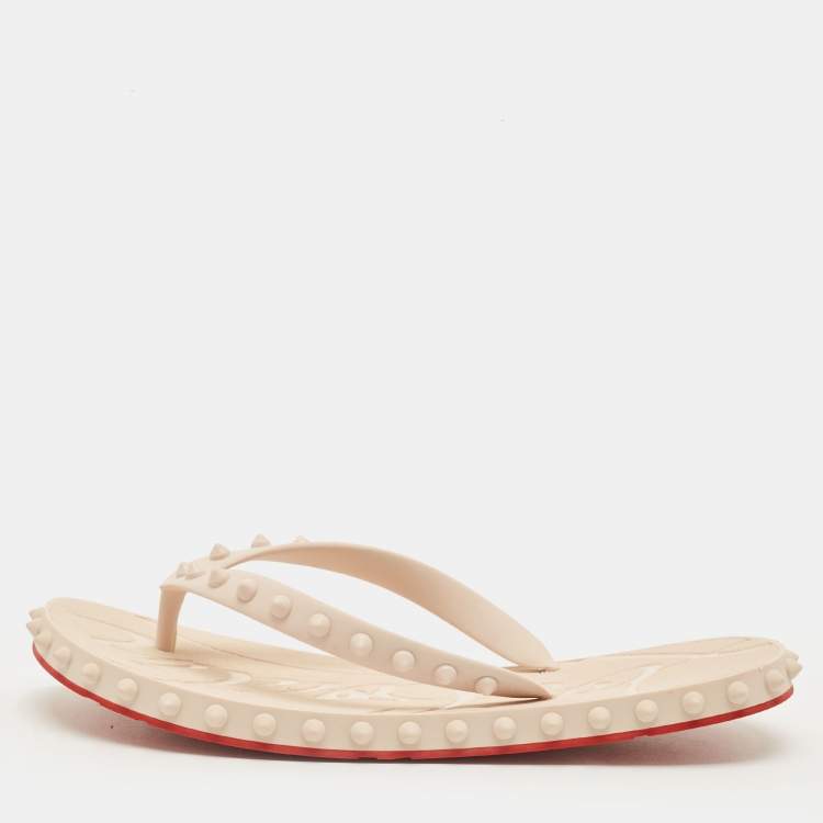 Pre Owned Christian Louboutin Size 39 Cream Rubber Spikes Flip Flops
