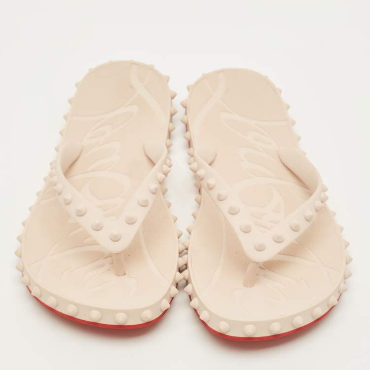 Pre Owned Christian Louboutin Size 39 Cream Rubber Spikes Flip Flops