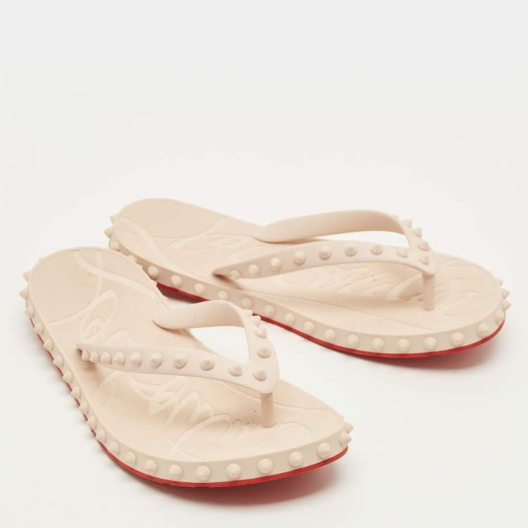Pre Owned Christian Louboutin Size 39 Cream Rubber Spikes Flip Flops