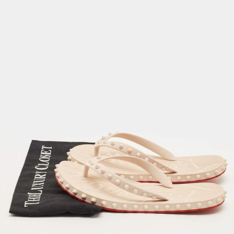 Pre Owned Christian Louboutin Size 39 Cream Rubber Spikes Flip Flops