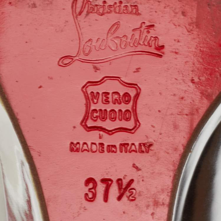 Pre Owned Christian Louboutin Riveto Size 37.5 Silver Glazed Leather Wedge Pumps