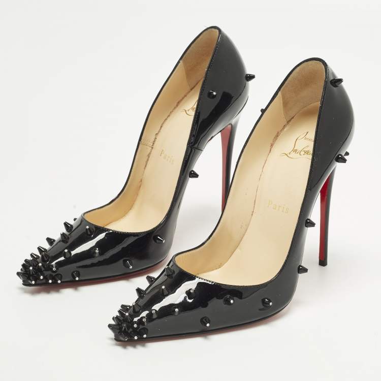 Pre Owned Christian Louboutin Diamond Spike Size 37.5 Black Patent Leather Pumps