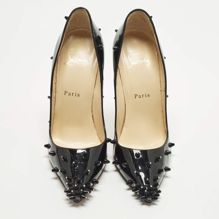 Pre Owned Christian Louboutin Diamond Spike Size 37.5 Black Patent Leather Pumps