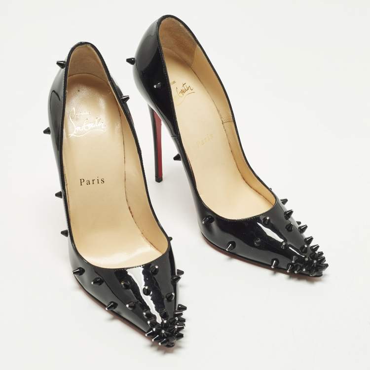 Pre Owned Christian Louboutin Diamond Spike Size 37.5 Black Patent Leather Pumps