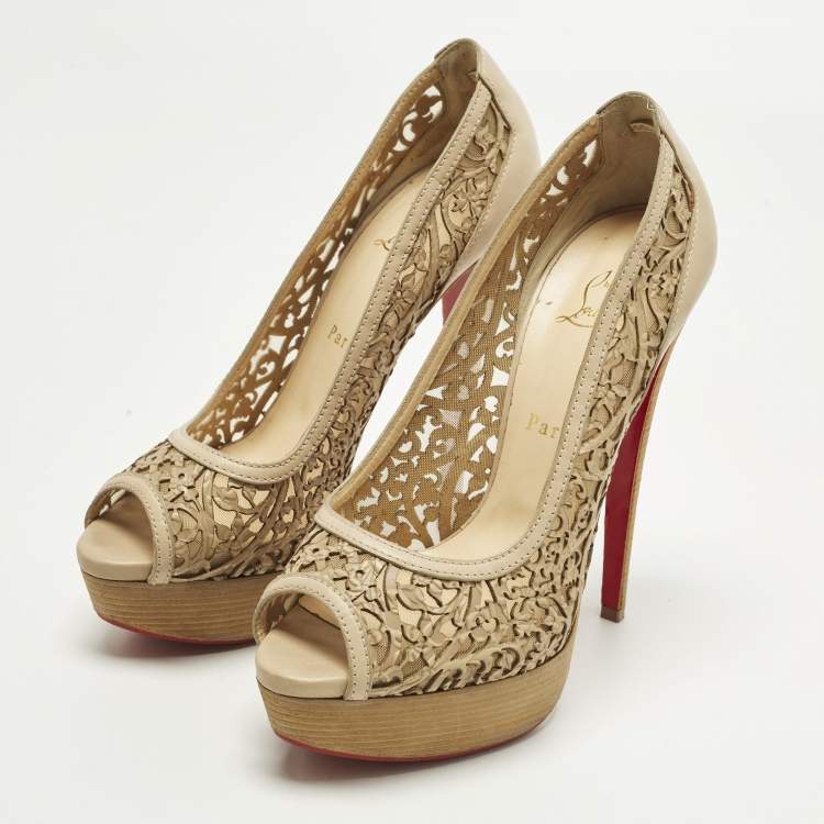Pre Owned Christian Louboutin Pampas Size 39 Beige Leather Cut-out Platform Pumps