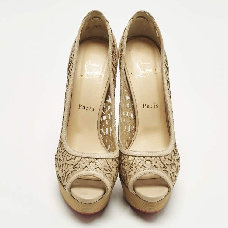 Pre Owned Christian Louboutin Pampas Size 39 Beige Leather Cut-out Platform Pumps