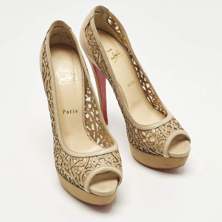 Pre Owned Christian Louboutin Pampas Size 39 Beige Leather Cut-out Platform Pumps