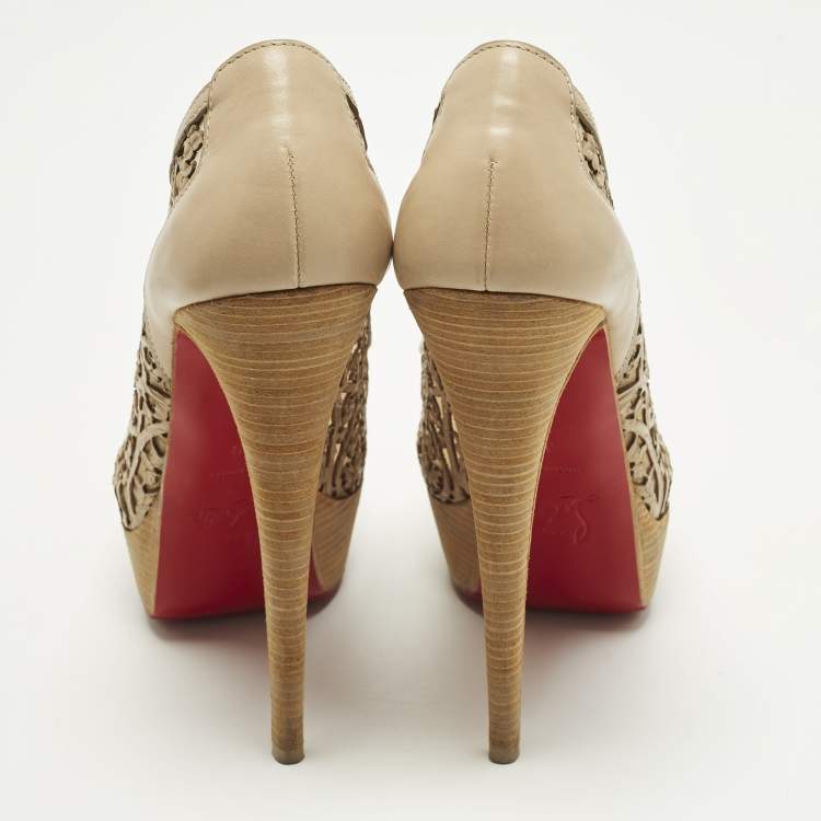 Pre Owned Christian Louboutin Pampas Size 39 Beige Leather Cut-out Platform Pumps