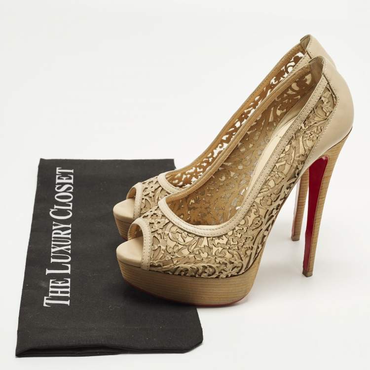 Pre Owned Christian Louboutin Pampas Size 39 Beige Leather Cut-out Platform Pumps