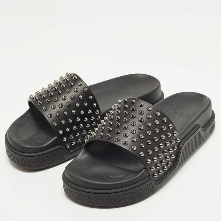 Pre Owned Christian Louboutin Spike Size 43 Black Leather Flat Slide