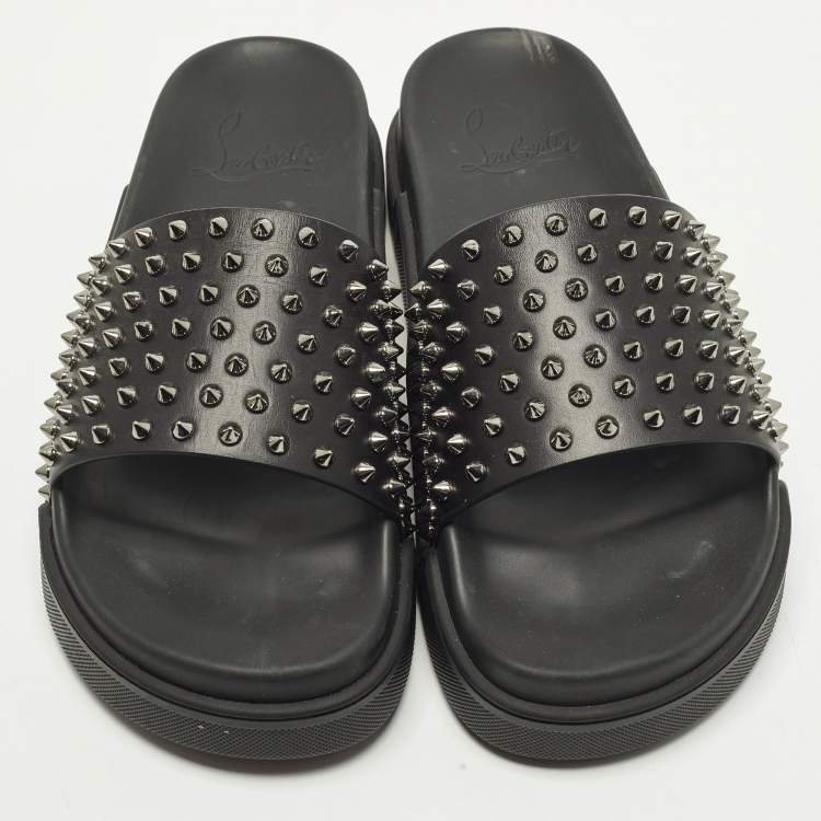 Pre Owned Christian Louboutin Spike Size 43 Black Leather Flat Slide