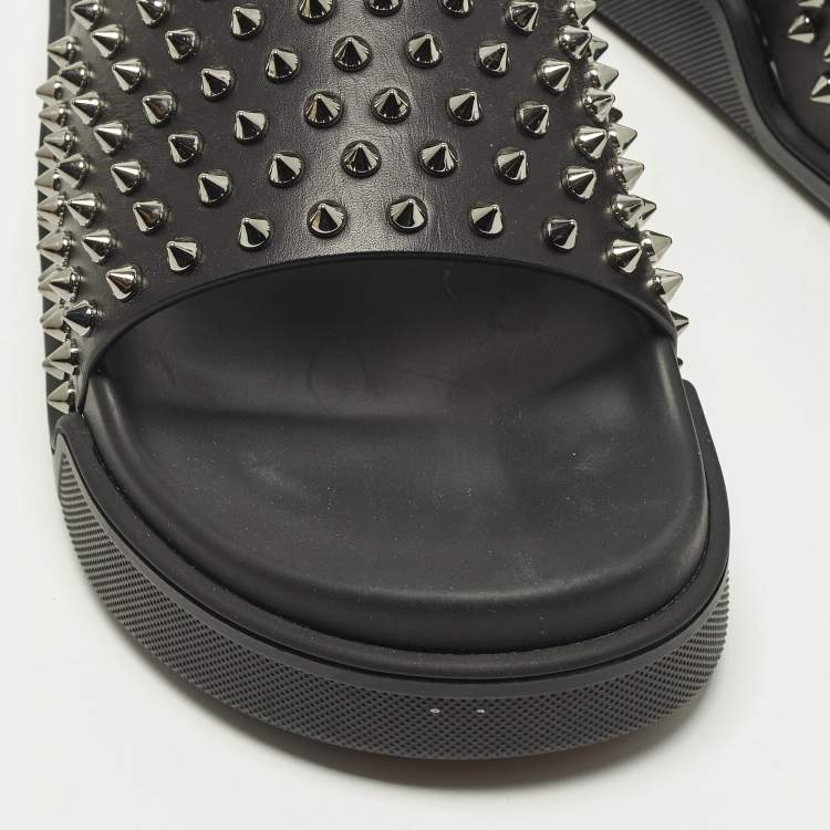 Pre Owned Christian Louboutin Spike Size 43 Black Leather Flat Slide