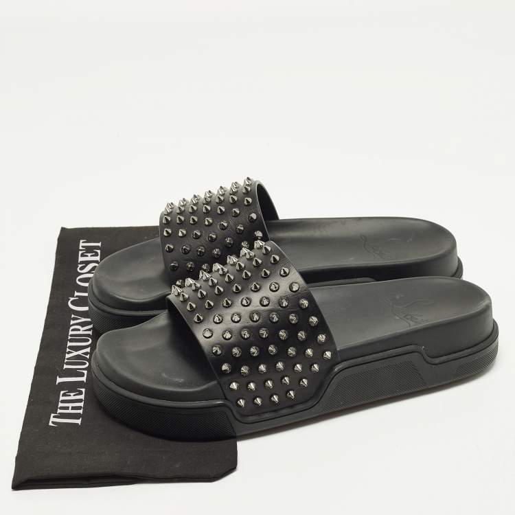 Pre Owned Christian Louboutin Spike Size 43 Black Leather Flat Slide