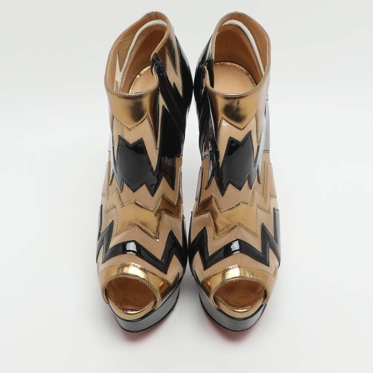 Pre Owned Christian Louboutin Ziggy Size 36 Beige Mesh and Patent Leather Booties