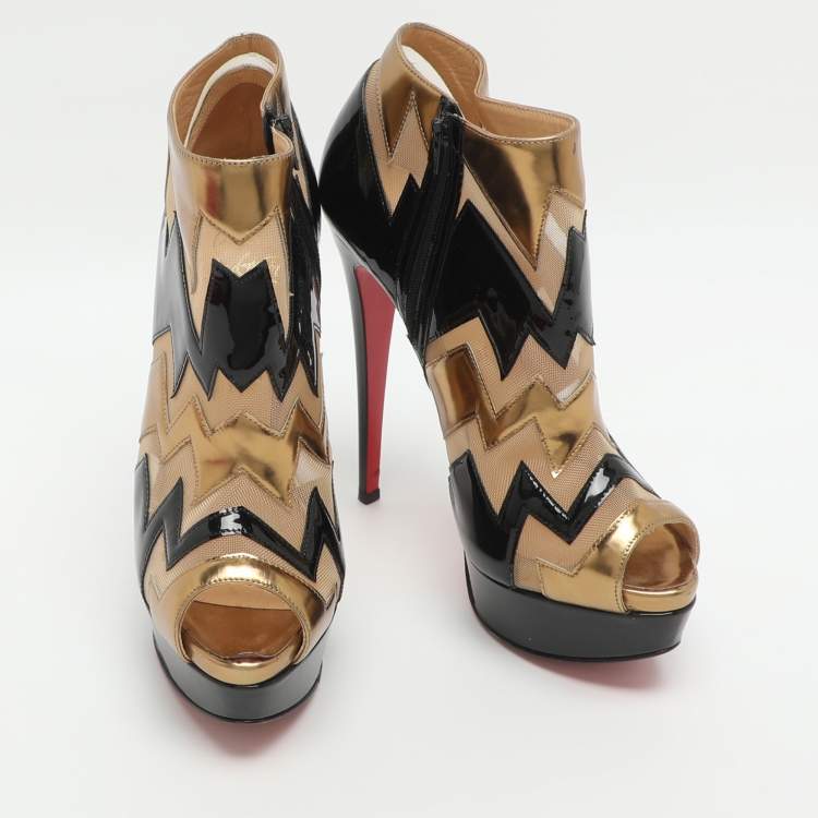 Pre Owned Christian Louboutin Ziggy Size 36 Beige Mesh and Patent Leather Booties