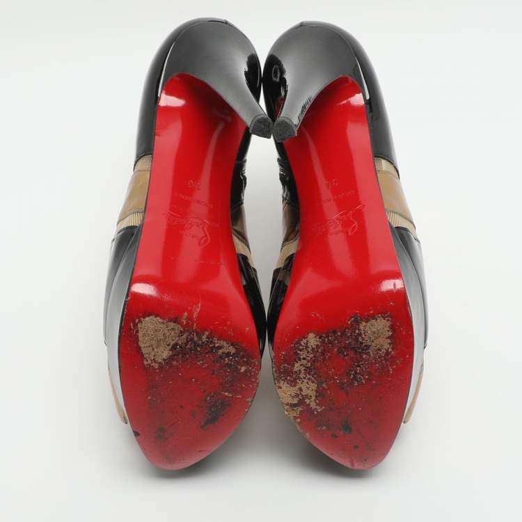 Pre Owned Christian Louboutin Ziggy Size 36 Beige Mesh and Patent Leather Booties