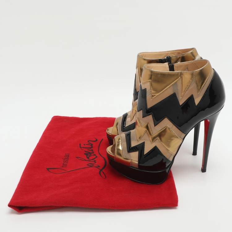 Pre Owned Christian Louboutin Ziggy Size 36 Beige Mesh and Patent Leather Booties